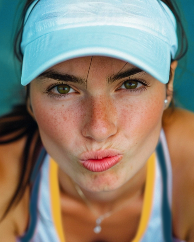 a woman wearing a blue hat and a tank top